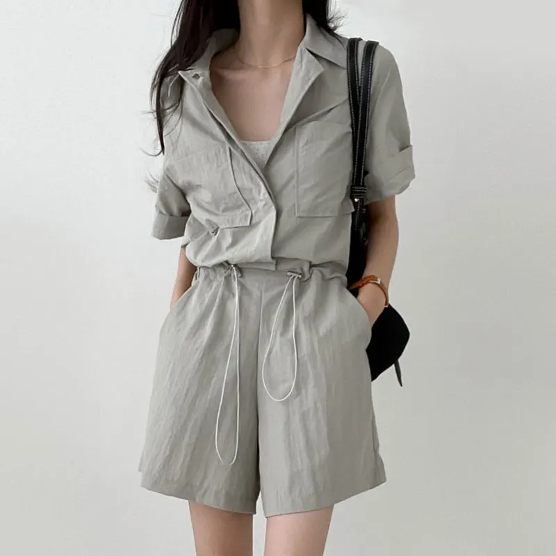 세련된 여름 빈티지 여성 롬퍼 하이 웨이스트 와이드 레그 포켓 디자인 드로스트링 허리 캐주얼 원피스 슈트 올매치 스타일