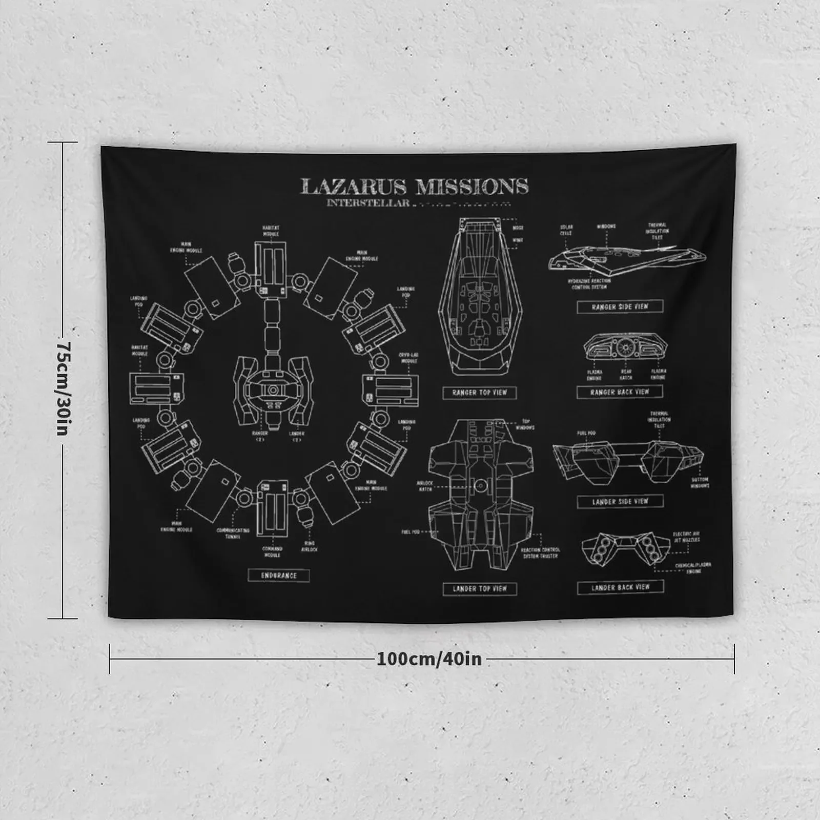 Lazarus Mission Blueprint (Interstellar Movie) White Stencil-No Background Tapestry Cute Room Things Cute Decor Tapestry