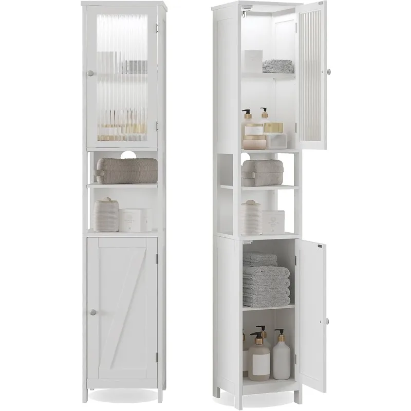 

Tall bathroom storage cabinet with light, 5 shelf narrow bathroom cabinet with 2 doors, freestanding slim storage linen cabinet