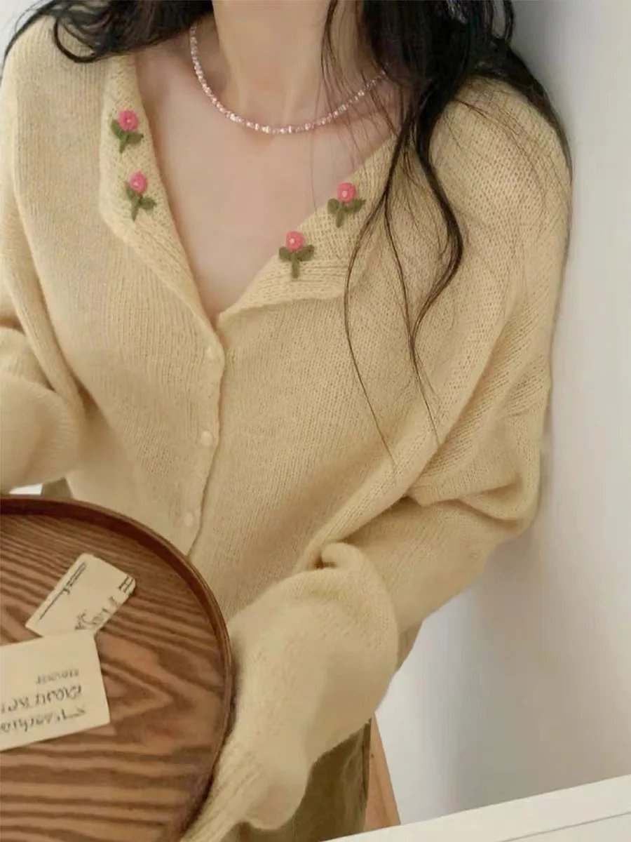 Dopne ing Yellow Flower Long Sve Knitted Open Cardigan Women's Early Autumn Aosphere Top Large Size Casual Wear