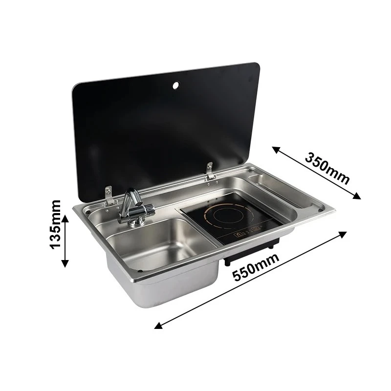 304 SUS steel cover with tempered glass furnace RV  2-in-1 induction cooker and sink combo unit