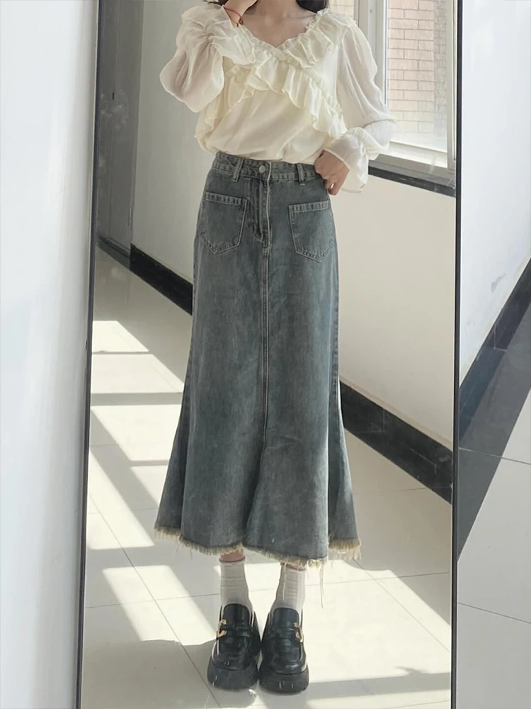 

Юбка-миди трапециевидной формы с высокой талией, женская джинсовая юбка с фианитом, утягивающая бедра, осенняя юбка больших размеров с грушевым принтом