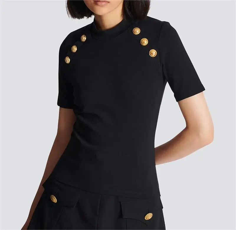 Basic All Match Lady Office 2024 Spring Summer Designed Buttons Round Collar Short Sleeve Women Pullover Slim Knits Shirts