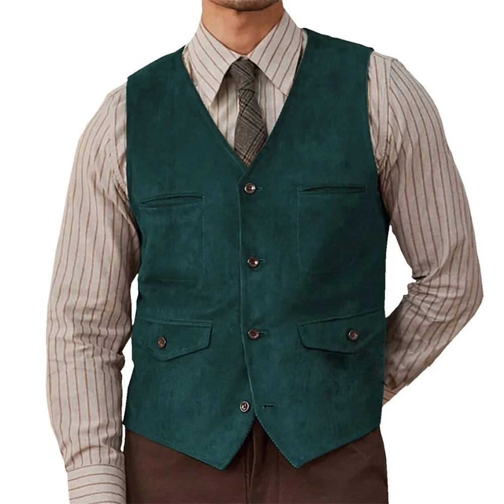 Mens Suede Casual Single Breasted Leather Suit Vest Western Cowboy Punk Style Waistcoat