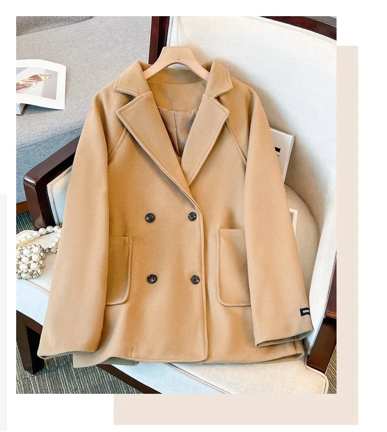 Women\'s Fall/Winter Retro Casual Cropped Woolen Blazer Coat French Style Commuter Double-breasted Suit Collar Woolen Jacket Coat