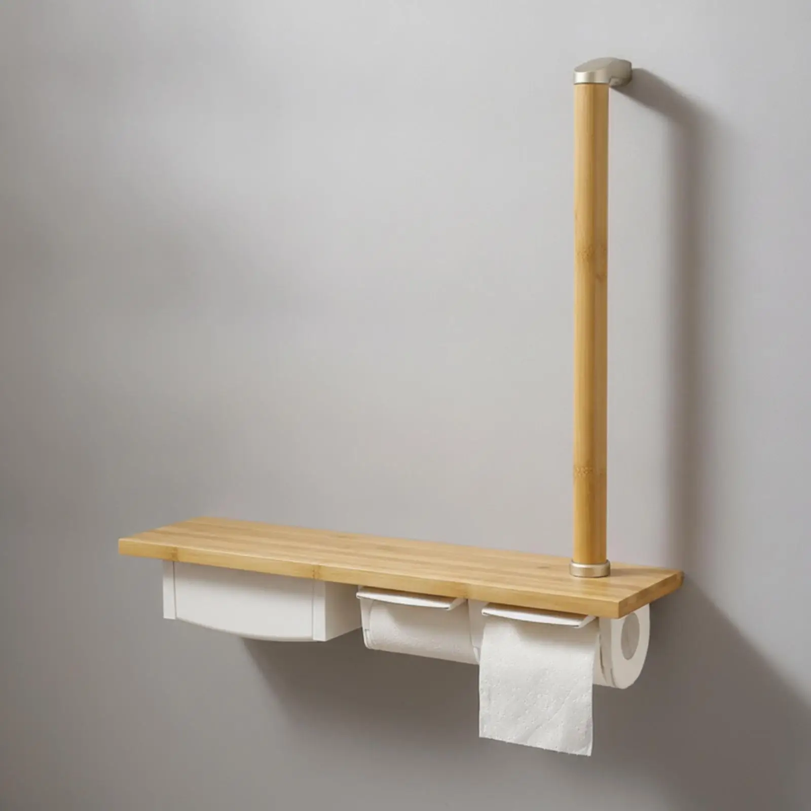 Bamboo Toilet Paper Holder with Shelf and Handrail Wall Mounted Bathroom Tissue Storage Organizer for Small Washroom