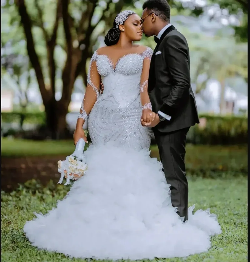 Customized  African Handmade Pearls Sequins  Mermaid Wedding Dress Vestidos De Novias Illusion Long Sleeves Garden  Bridal Gown