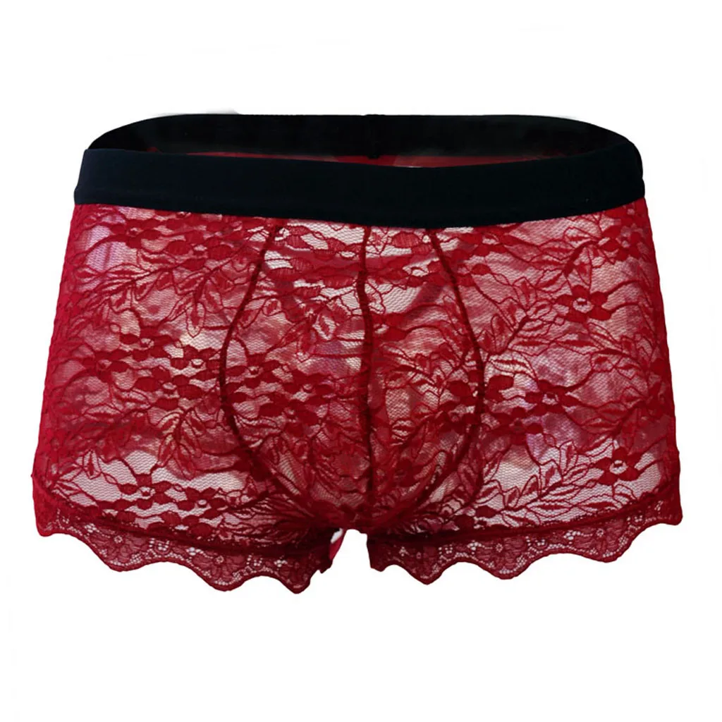 Men\'S Sexy Lace Boxers Underwear Charming Translucent Boxershorts Panties Low Waist High Elastic Boxers Underwear Slip Hombre