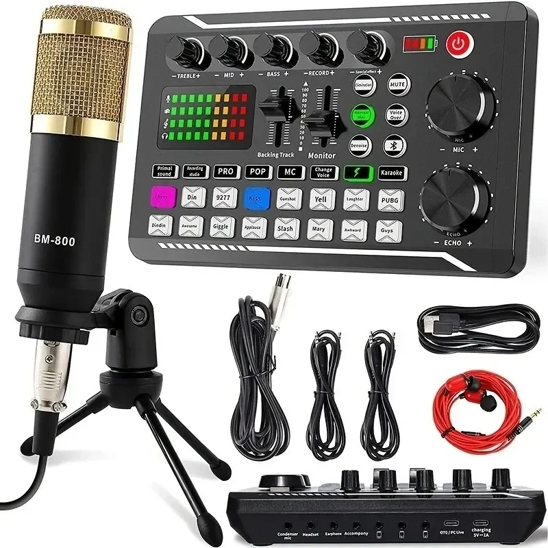 

Microphone Wired with DJ Sound Mixer Console Studio Sound Card Kit Cable Phone Mixing Computer Live Voice Mixer F998 Sound Card