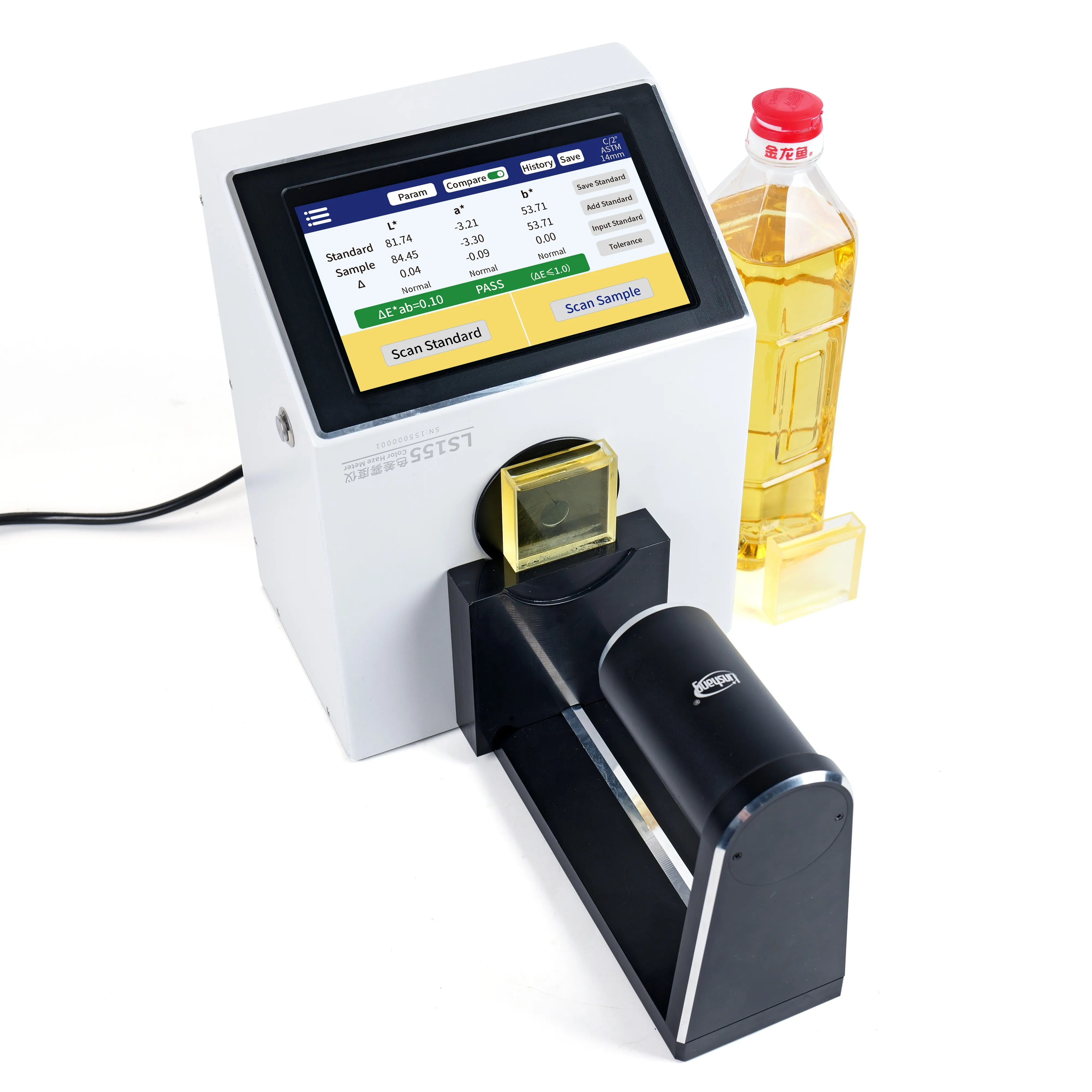 

LS155 Colorimeter for Transparent Material Testing Plastic Glass Beverage Oil Car Window Film Color Difference Measurement