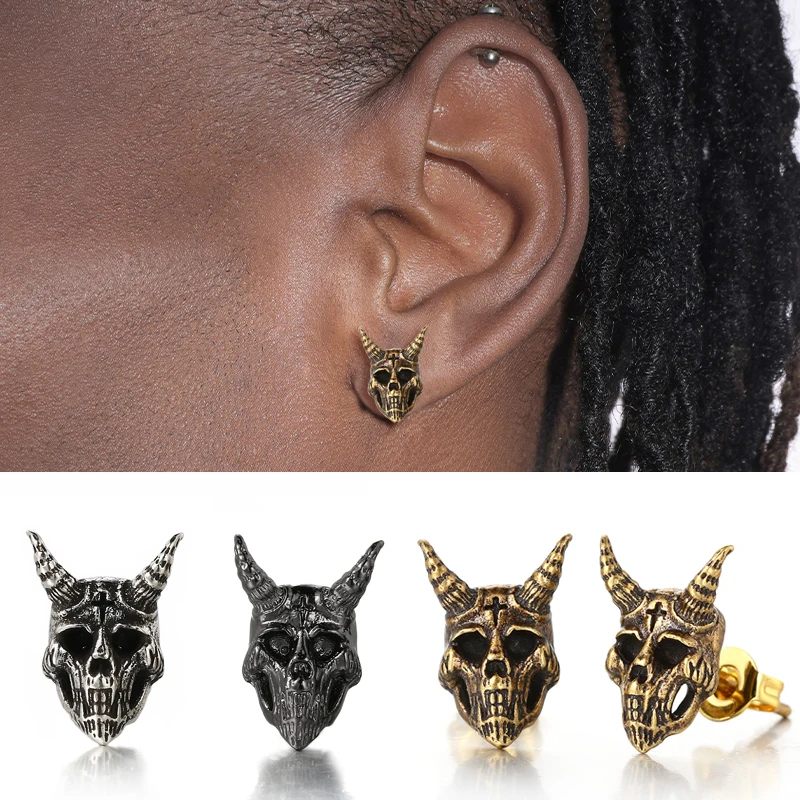 Vintage Gothic Punk Skull Stud Earrings For Men Women Retro Demon Satan Ram Skeleton Viking Ear Accessories Jewelry Gifts OHE186