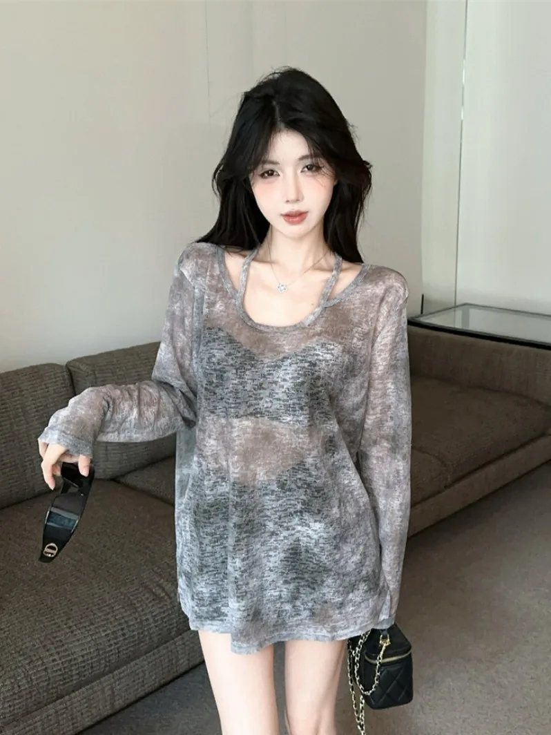 

Ladies Ice Silk Shoulder Bared T Shirt Summer Spring Thin Long Sleeve Loose Fit Pure Desire Versatile Sun Protection Casual Top