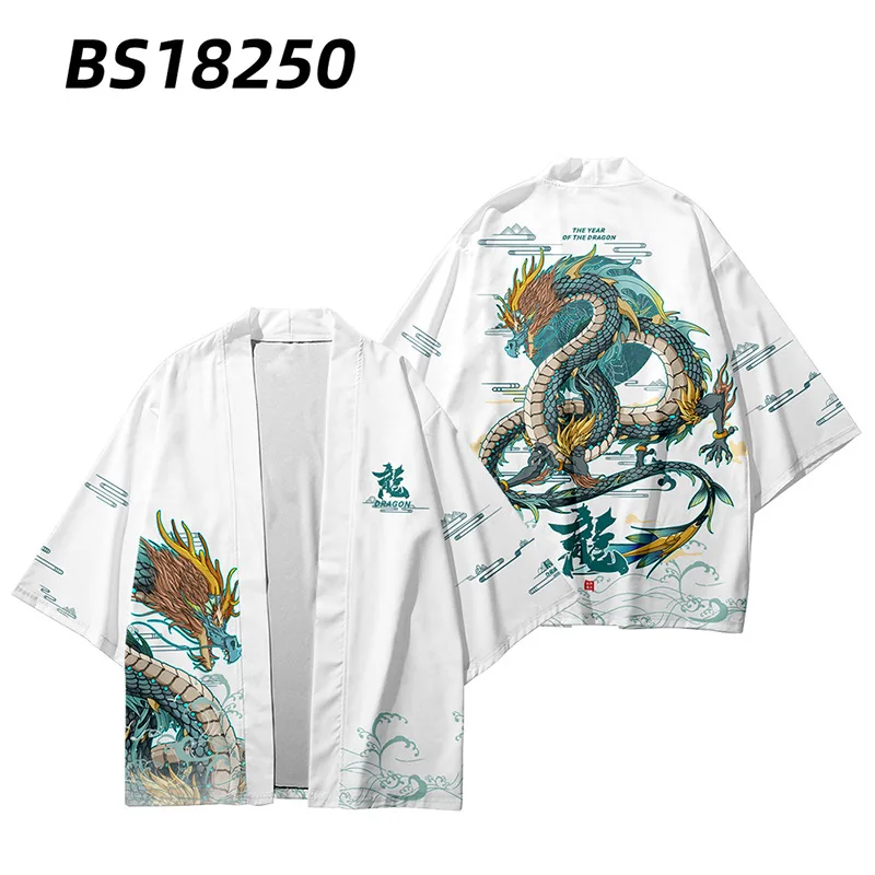 Yukata Suit Harajuku Print Kimono Shorts Sets Summer Two-Piece Suit Japanese Anime Dragon Cardigan Women Men Cosplay Haori