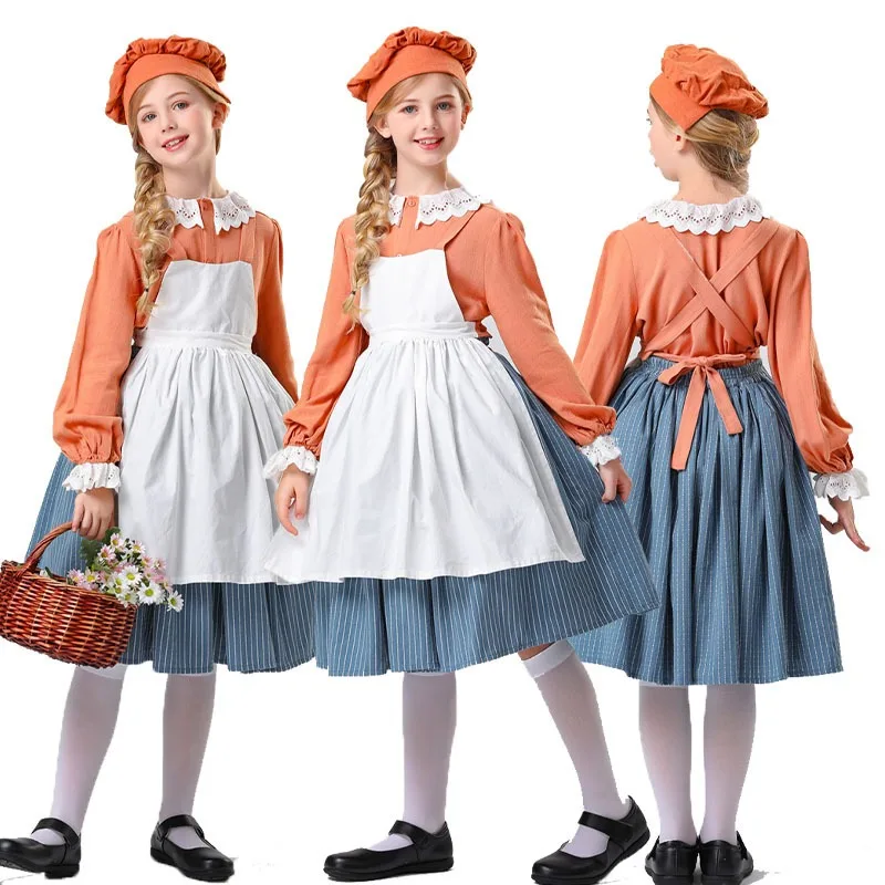 

2025 European Pastry Maid Dress | Medieval Rustic Gown for Girls with Lace Collar, Vintage Cottagecore Costume for Children