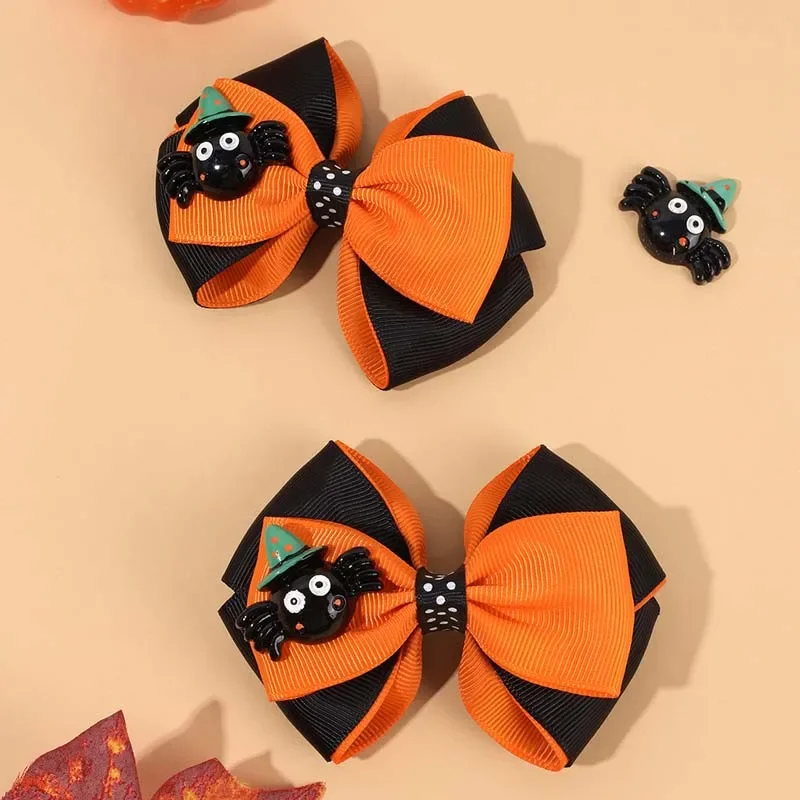 ncmama 2Pcs Halloween Hair Bow Clips Cute Ribbon Bow Hairpin with Spider for Girls Halloween Hair Accessories Children Barrettes