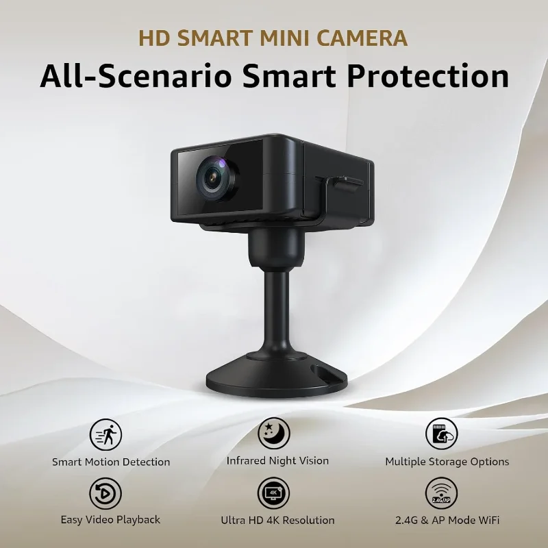 New Indoor 4K Security Mini Camera Night Vision 4H Battery Life Motion Detection Alerts SD/Cloud Storage Phone App Control