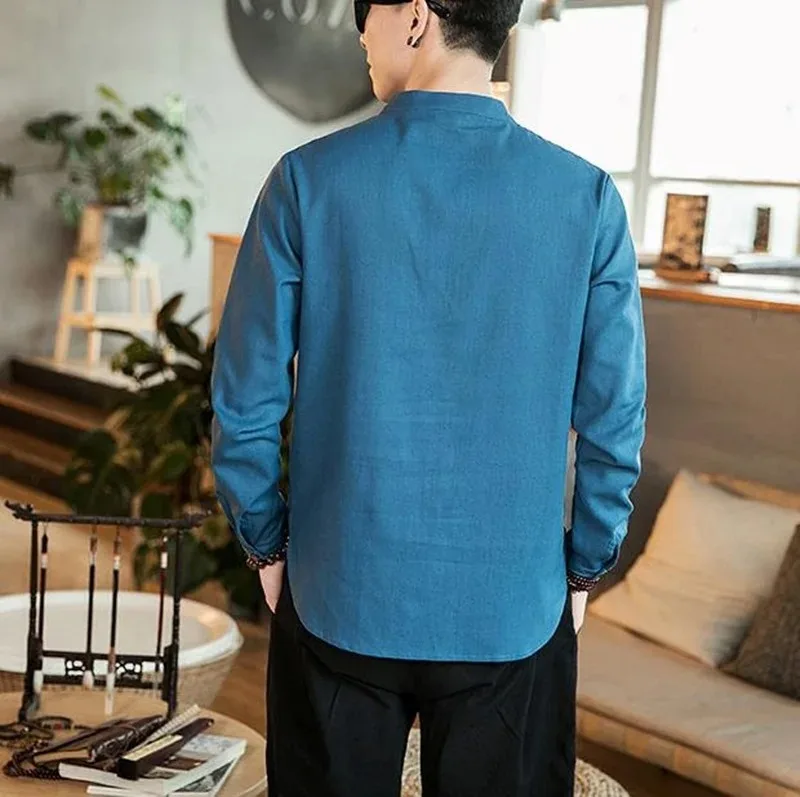 Men's Chinese Style Tang Suit Solid Color Shirt Retro Oriental Traditional Tai Chi Uniform Buckle Plus Size Chinese Jacket Coat