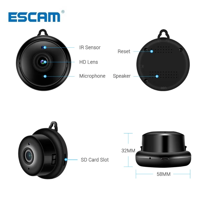 Escam V380 Mini Wifi IP Camera HD 1080P Wireless Indoor Camera Nightvision Two Way Audio Motion Detection Baby Monitor Camera