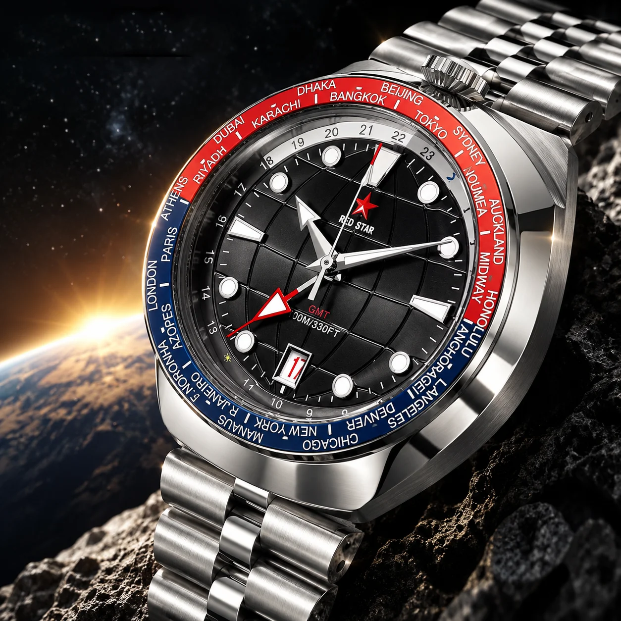 REDSTAR 42mm 100m BullHead Automatic Mechanical Men Watch NH34G Dual Time Zone GMT4 Hands Super Luminous Waterproof Wristwatches