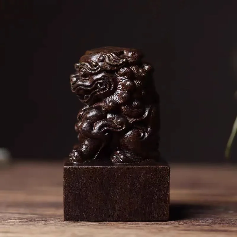 Hand-Carved Agarwood Lion Seal - 3.74*1.97