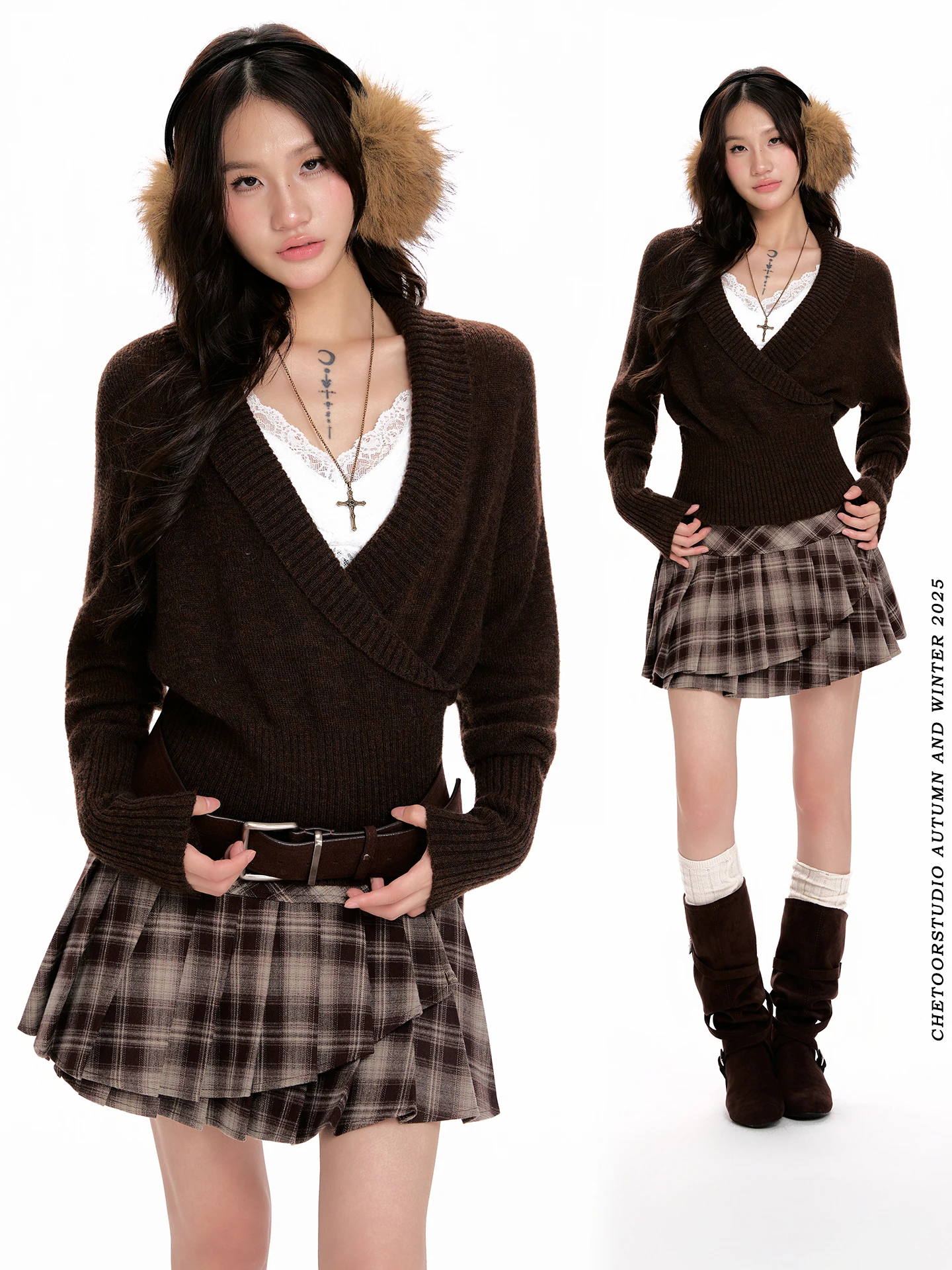 

Coffee Color Slim Fit Long Sve Women's Knitted Sweater Deep V Ne Autumn Winter Faion Inner Wear Base irt Trendy