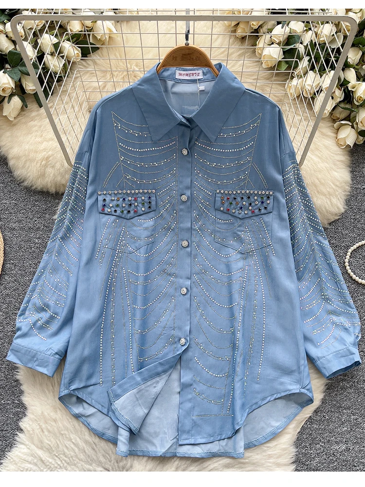 Printemps automne mode européenne diamant chaud à manches longues Blouse pour les femmes nouveau grand décontracté ample simple boutonnage petit haut C321