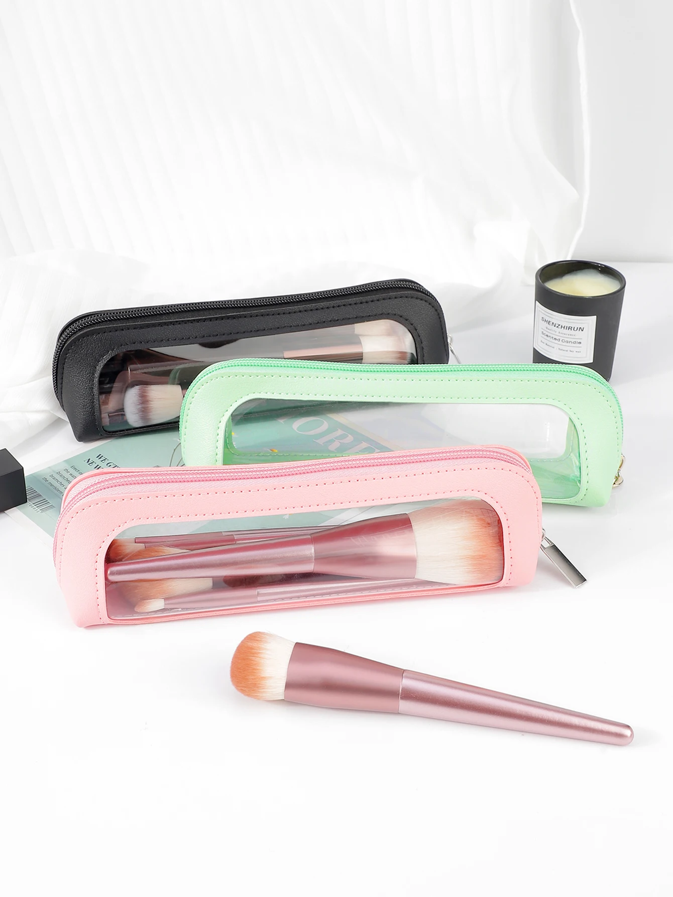 Bolsa de maquillaje transparente pequeña de cuero PU, estuche portátil para brochas de maquillaje de viaje, bolsa organizadora transparente impermeable con cremallera, 1 unidad
