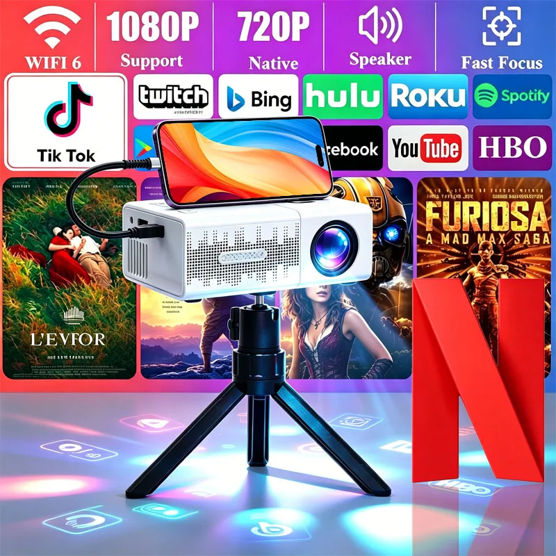Intelligent Mini Projector Support 1080P 4K Decode Quick Focusing Wired Screen Mirroring Home Cinema Projector Office Projector