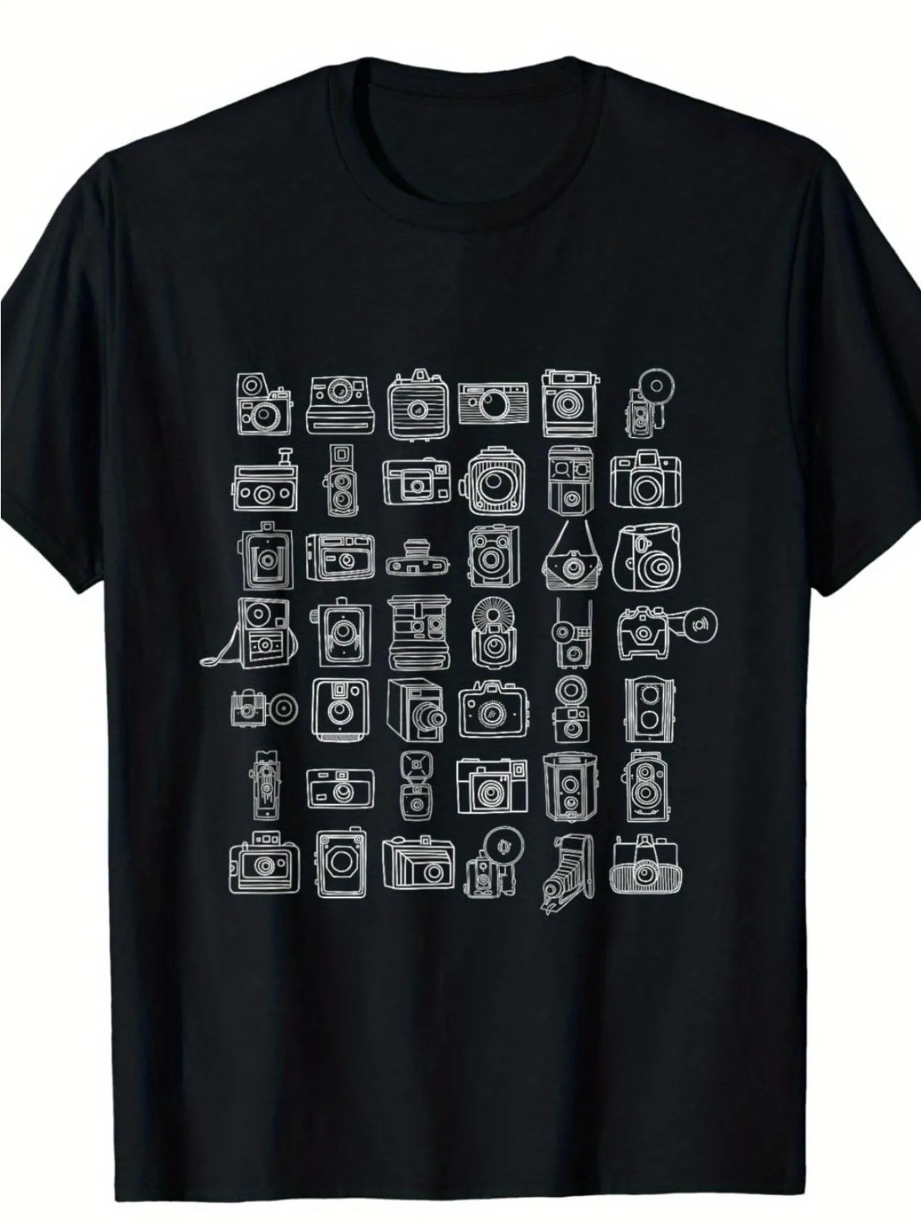Men'S Graphic Tee Featuring a Camera Design - Black with White Camera Motifs - Made from Lightweight And Breathable Material Suitable for Photography, Videography, Hiking