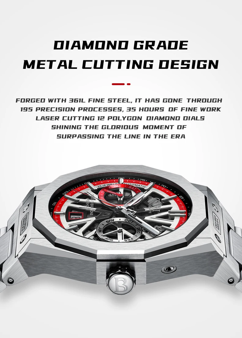 BONEST GATTI ساعة أوتوماتيكية للرجال ساعة يد ميكانيكية فاخرة هيكل عظمي مقاوم للماء الياقوت مضيئة الصلب حزام شهر أسبوع التاريخ #1
