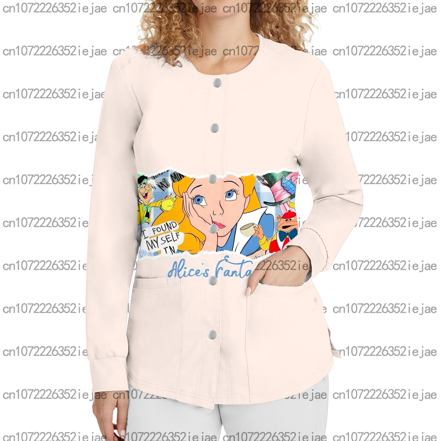 الخريف المرأة ركاب الملابس ديزني طباعة الأميرة أليس المرأة جولة الرقبة زر سترة سترة طبية ممرضة أعلى