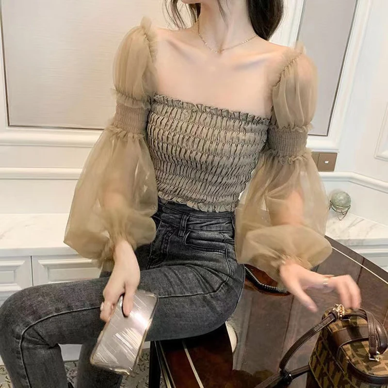 

Khaki Women Mesh Sheer Blouse Chiffon See-through Long Sleeve Crop Tops Blouses Fashion Transparent Ladies Shirt Female Blusas