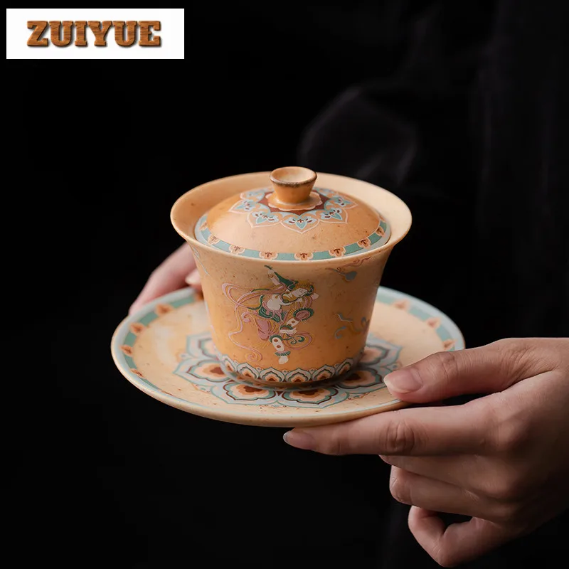 

140ml Chinese Dunhuang Apsaras Gaiwan Anti Scalding Respecting Tea Tureen Tea Brewing Sancai Cover Bowl Drinkware Ornaments