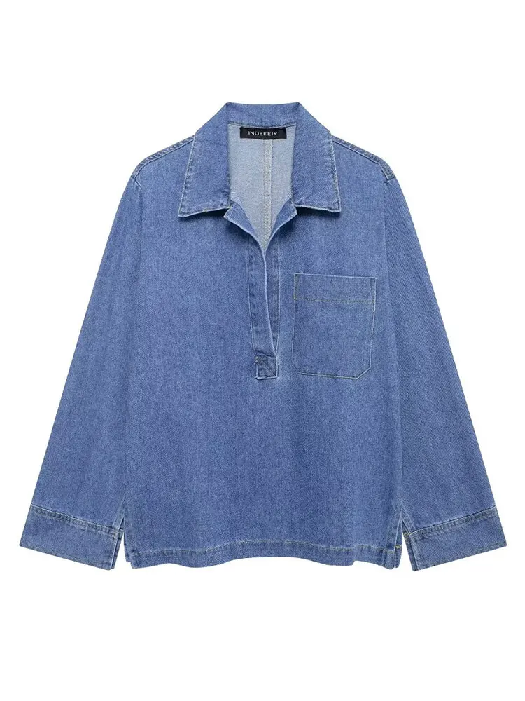 TRAFZA Women Blue Denim Lapel Collar Blouse Oversized Chest Patch Pockets Long Sleeve Pullover Shirt Vintage High Street Outfits