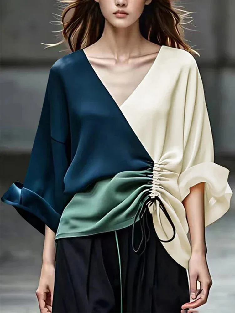 BabYoung Fall Blouses For Women 2025 Fashion V-Neck Drawstring New Contrast Color Loose Long Sleeves Elegant Shirts Tops