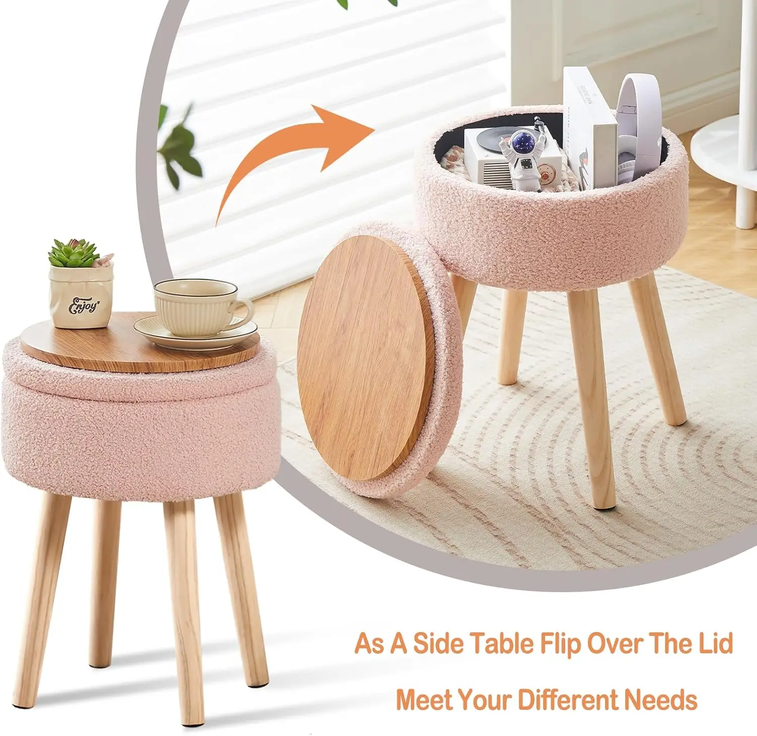 

Mxfurhawa Storage Ottoman Foot Stool Teddy Velvet Round Vanity Stool Tray Top Footstool With Wood Legs Upholstered Foot Rest
