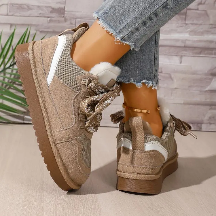 Damen Echt-Schaffell-Wollschneestiefel 2026 Neues Design Niedriger Schaft Dicke Sohle Schnürung Natürliches Fell Warme Baumwollschuhe Winter Herren Hausschuhe – Detail 15