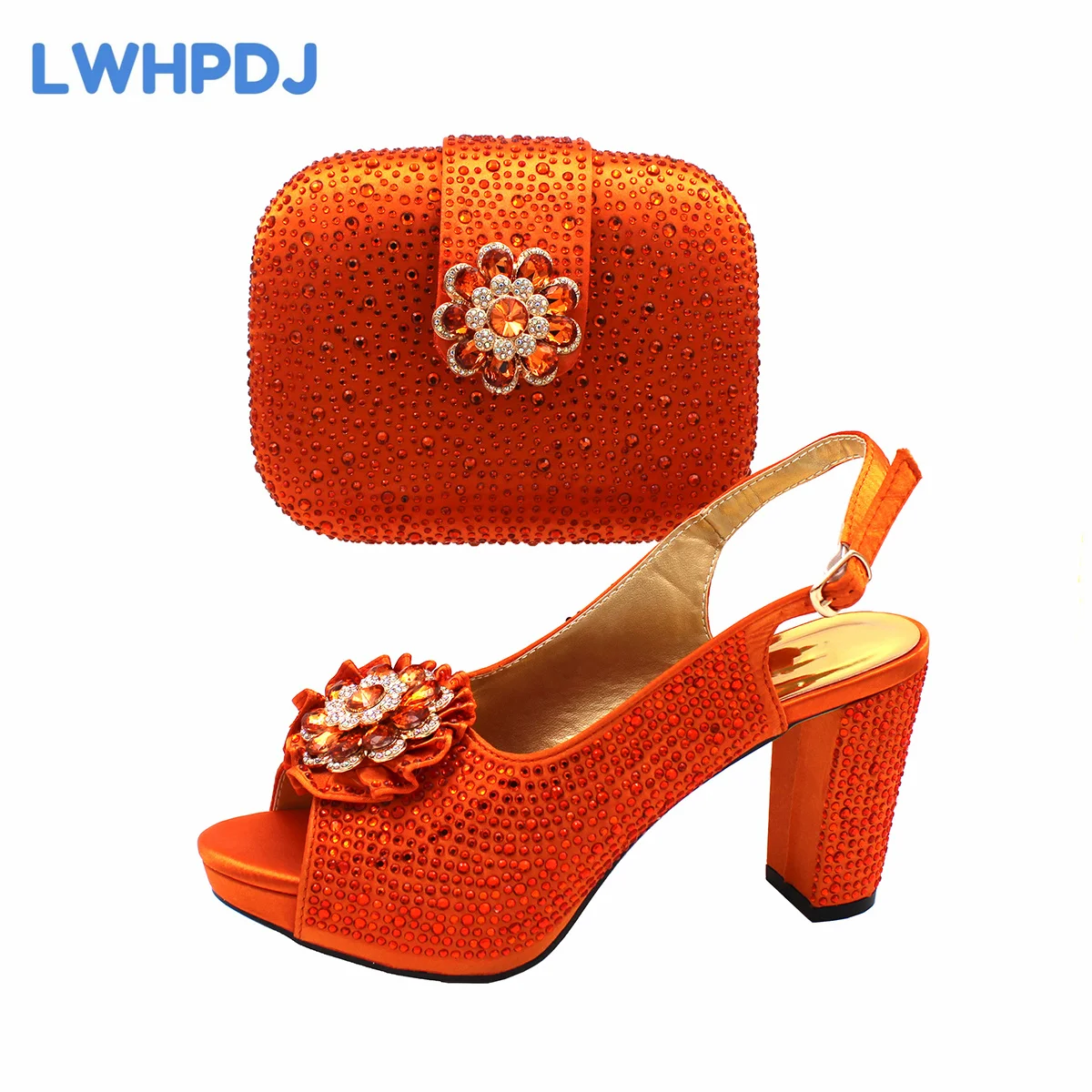 2024 High Quality Peep Toe Slingback Decorated with Flower Design Shoes Matching Bag Set in Orange Color For Ladies Party