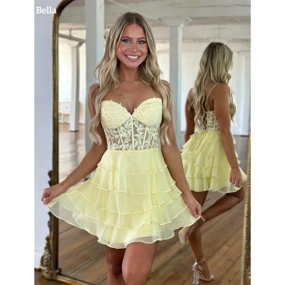

Bella Customized Strapless A-Line Corset robes de soirée Cascading Ruffle Mini Party Dresses Lace Embroidery Prom Dress 2025