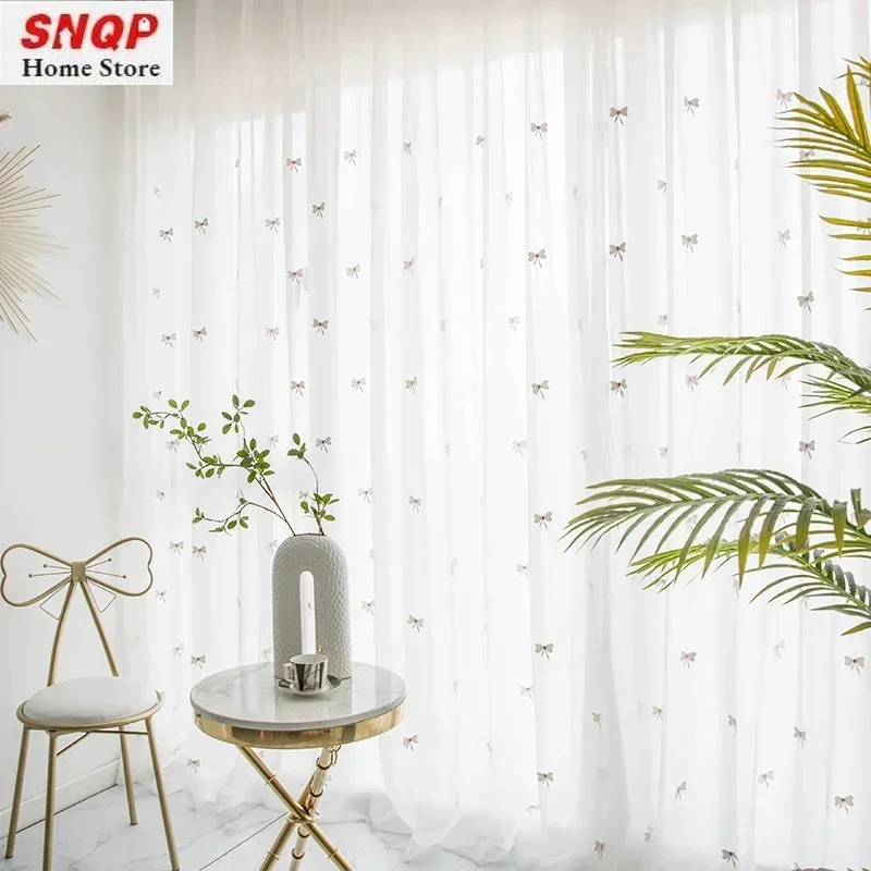 Beautiful White Tulle Pink Bow Tie Girl Sheer Curtains for Living Room Bedroom Dining Window Screen Gauze Luxury Blackout Kids