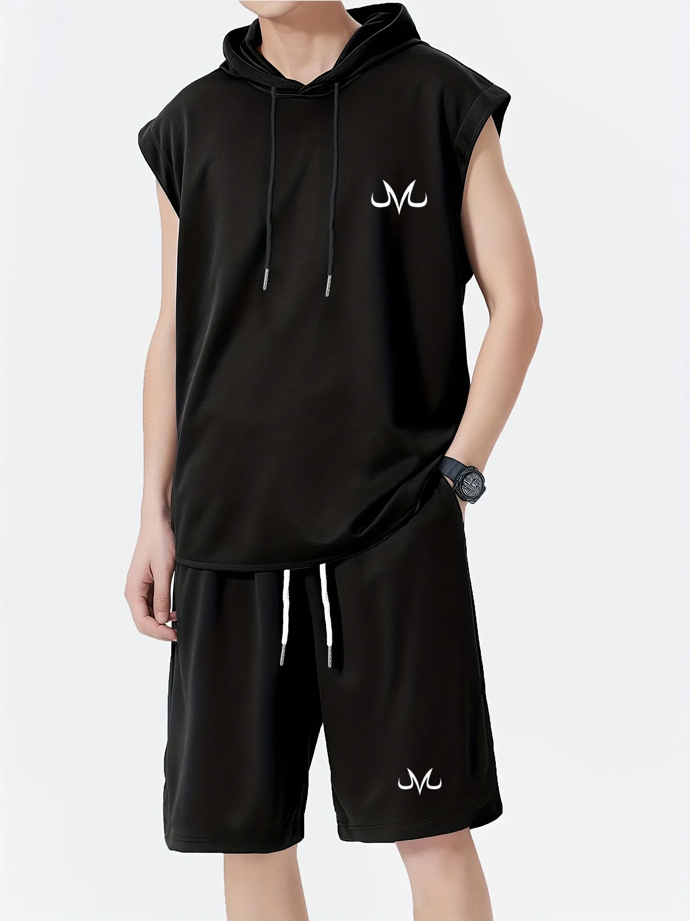 

Мужская спортивная футболка с капюшоном и короткими рукавами и дышащие шорты, комплексный тренировочный комплект, освежающая и быстросохнущая одежда