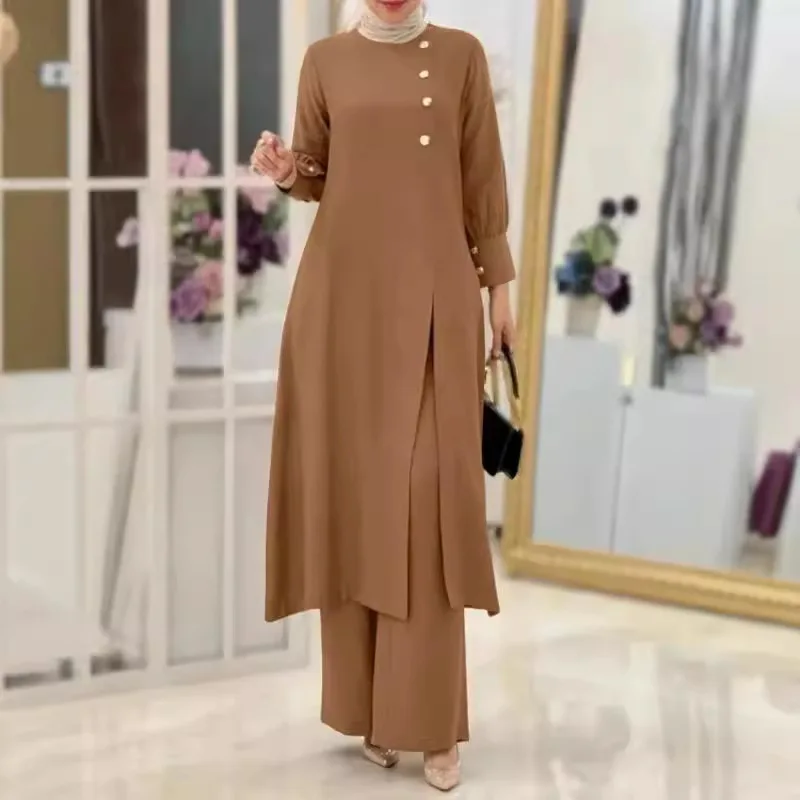 2024 Muslim women's two-piece set fashionable and elegant solid color side slit long shirt wide leg pants long robe