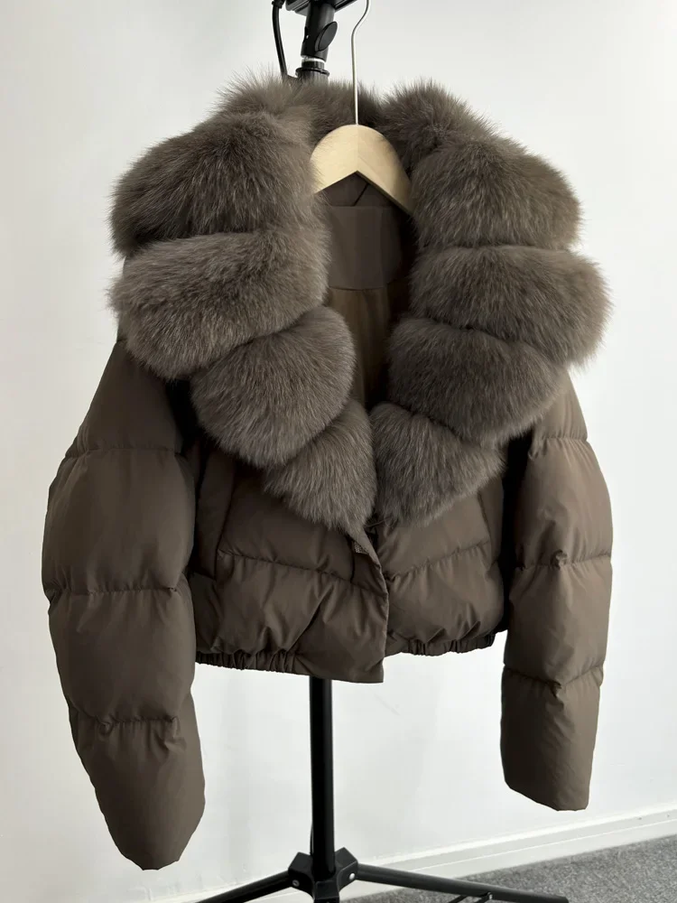 Janveny Big Natural Fox Fur Coat Women  Autumn Winter Female Parkas White Duck Down Jacket Feather Short Puffer Coat