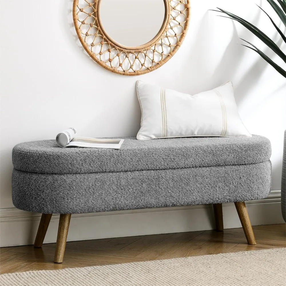 

43.8" Boucle Storage Ottoman - Upholstered Bed Bench with Safety Hinge & Solid Wood Legs