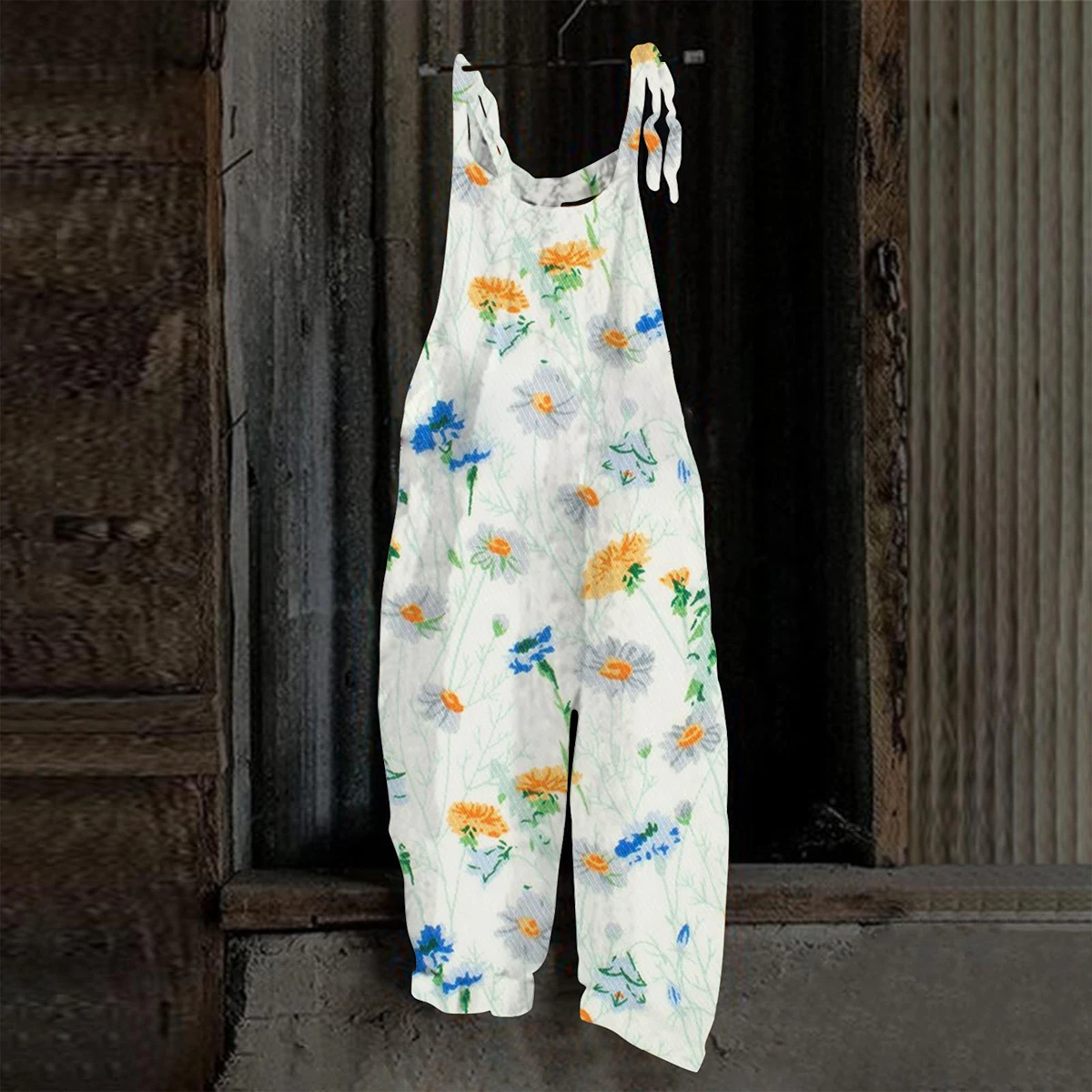 

2026 New Orange Daisy Floral Print Sleeveless Overalls Women Casual Loose Wide Leg Jumpsuit Vintage Linen Rompers For Summer Dai