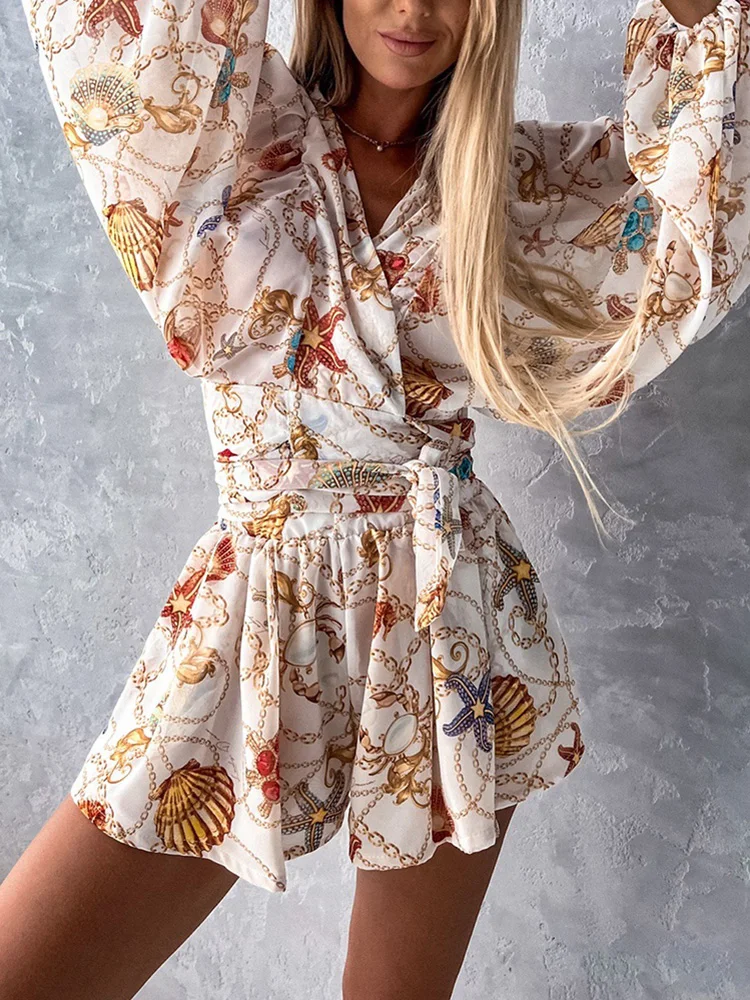 2022 New Women Deep V-Neck Long Lantern Sleeve Beach Style Playsuits Summer Printing Straight Ladies Loungewear Lace-Up Rompers