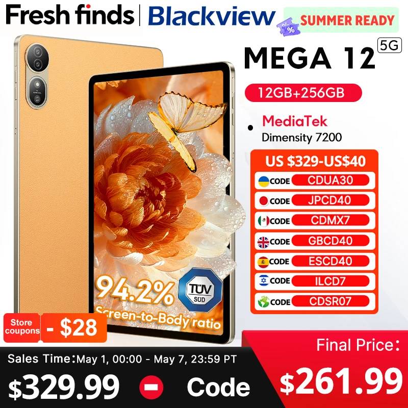 

Blackview MEGA 12 Планшет 5G 12,2 дюйма 2,4 К 120 Гц Размер дисплея 7200 Процессор IP69K Водонепроницаемая камера 50 МП 10000 мАч Pad ПК