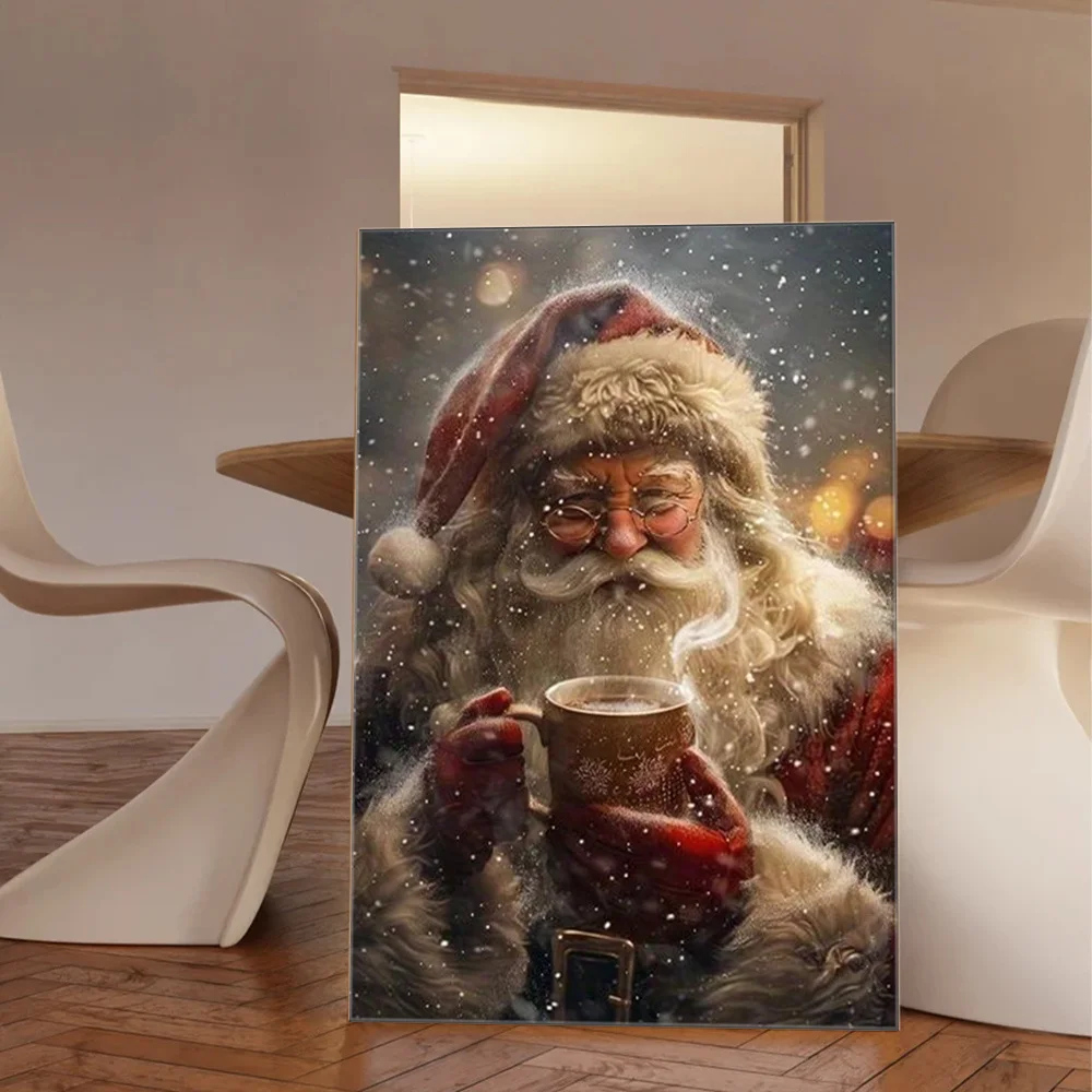 1개 포장된 나무 프레임 포스터(클래식 크리스마스 캔버스 프린트, 눈 속에서 커피를 마시는 산타, 세로 직사각형)