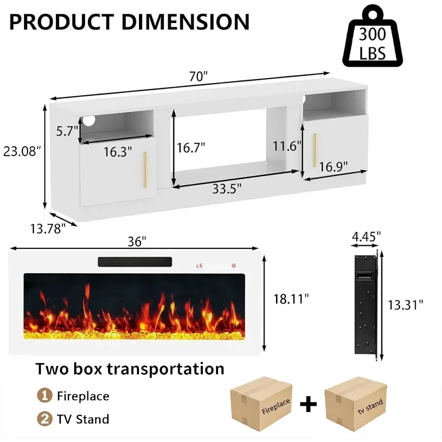 70 Fireplace TV Stand Entertainment Center for TVs UP to 80, MDF, White, Built-in Electric Fireplace with Adjustable Flame and