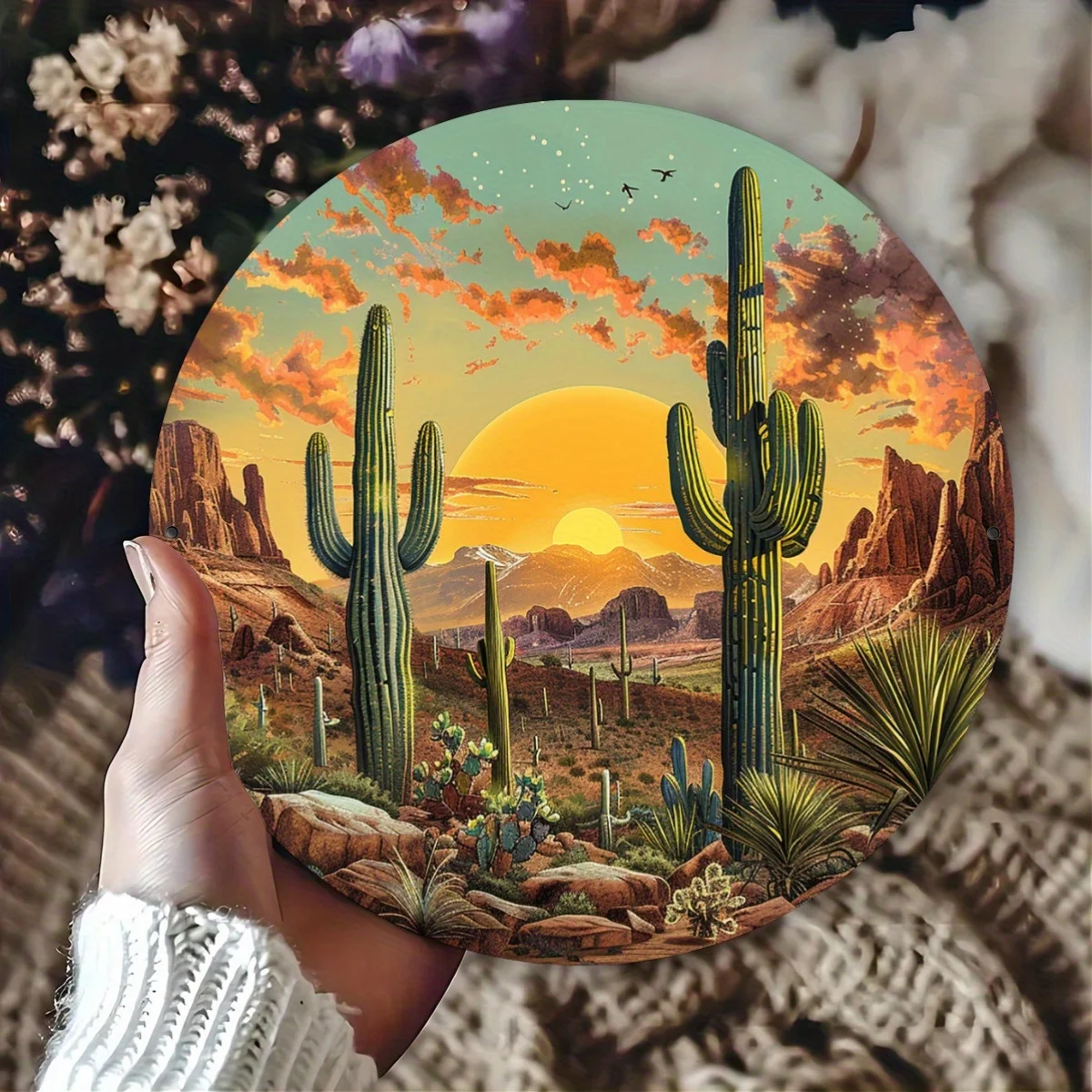 1. Southwest Desert Saguaro Cactus Sunset Wall Plaque, 1pc 20cm 2D Flat Metal Tin Sign, retro canyon boho landscape, home cabin